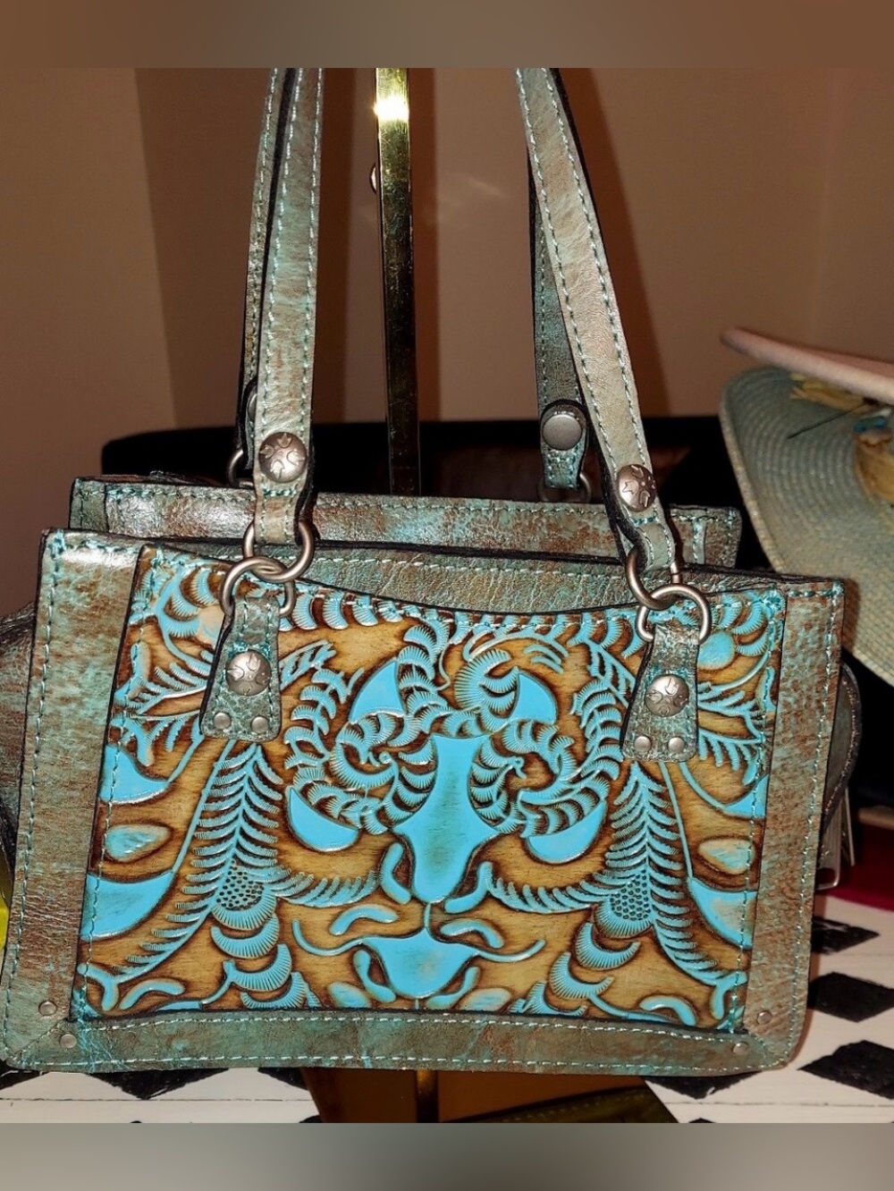 Patricia Nash Turquoise and Brown Tooled Leather Satchel - Picture 2 of 8
